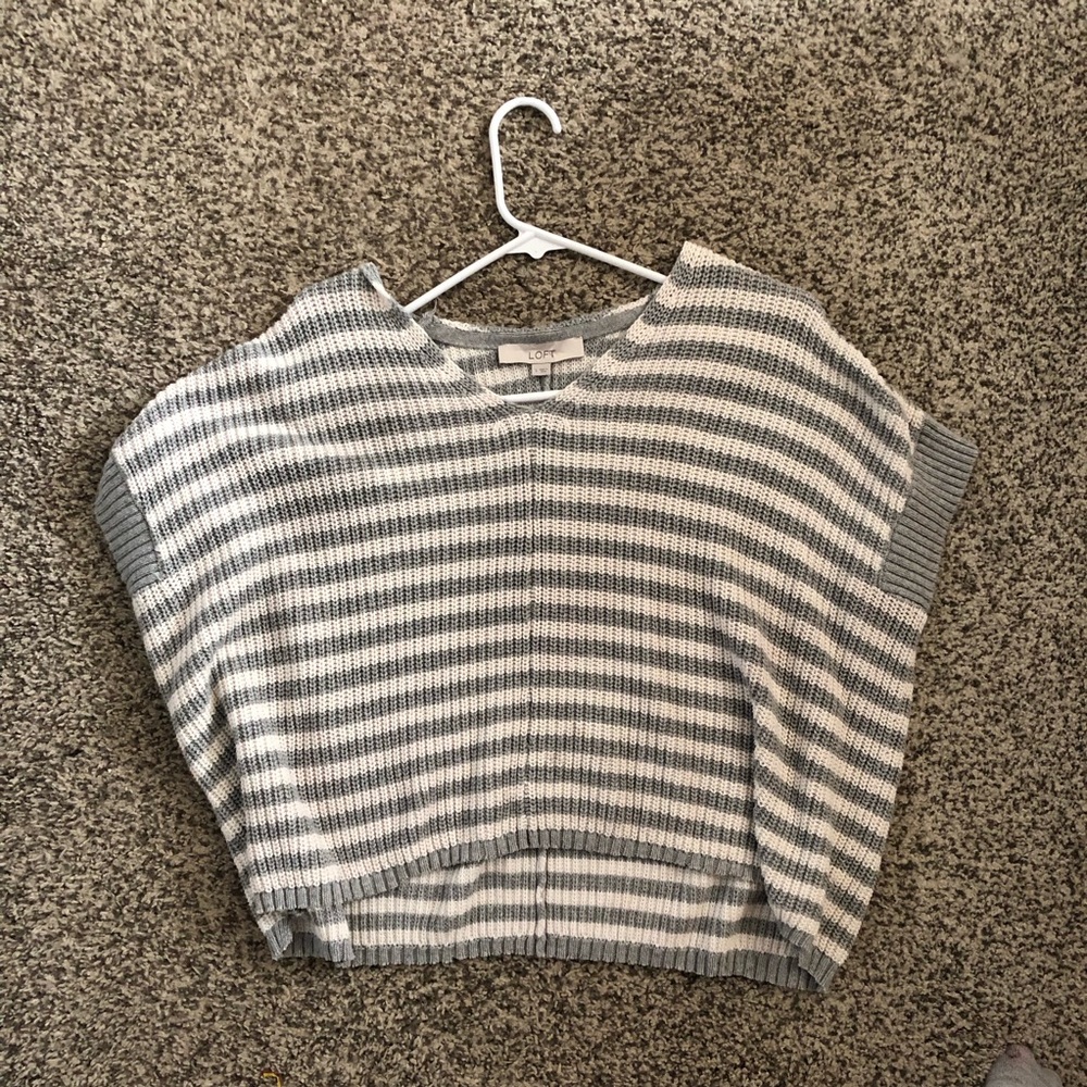 Women’s Loft Gray and White Striped Cap Sleeve Crochet Top